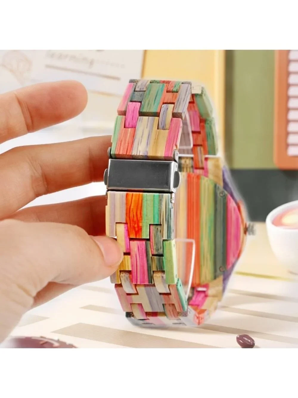 Men's Multicolor Analog Quartz Handmade Colorful Bamboo Geometric Wooden Watch